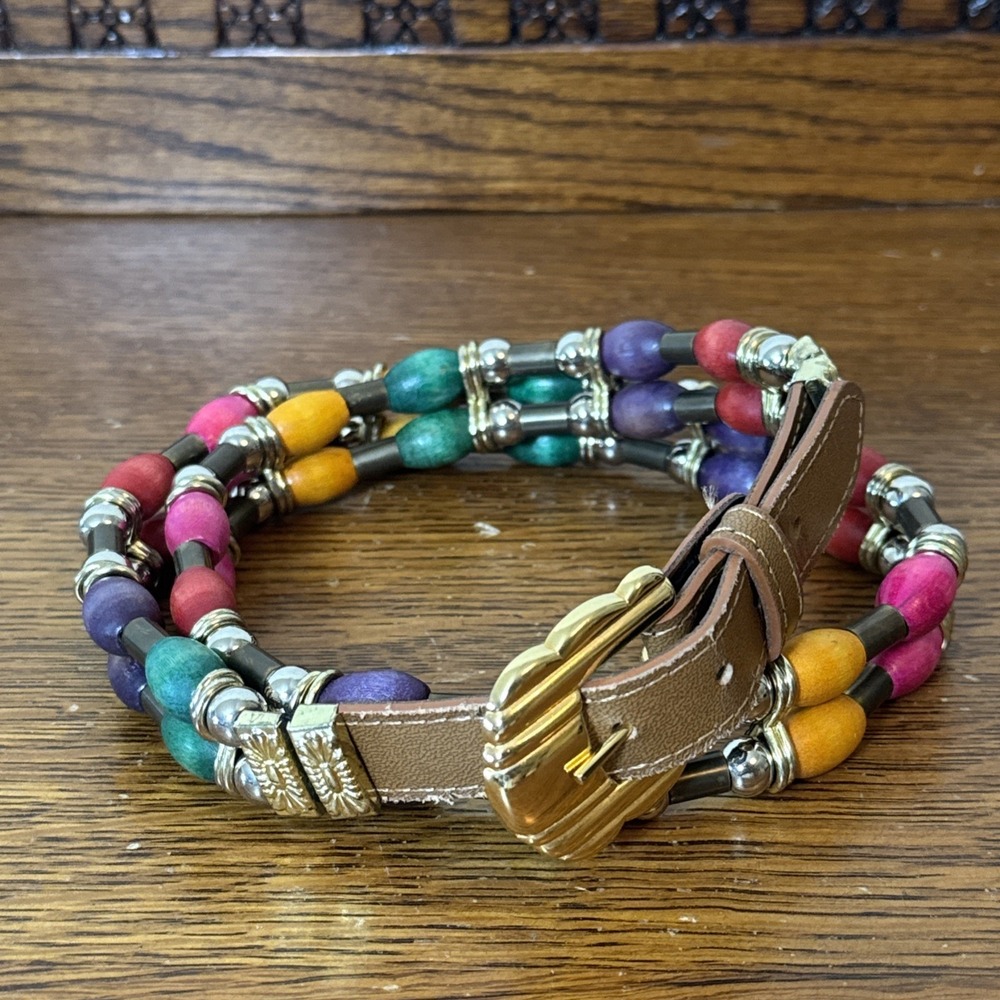 Vintage Beaded Belt Multicolor Wood Beads 2 Strand Gold Buckle 35.5" Long/ Small